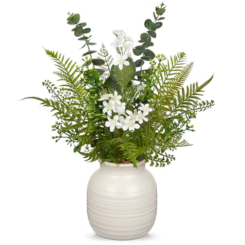 Artificial Floral Arrangement with Ceramic Vase - 15.4" Faux Greenery & White Flowers | Fern | Eucalyptus Leaves Fake Table Centerpiece in Vintage Vase for Home Office Living Room Bedroom Indoor Decor - color: White