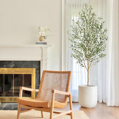 Bellacat 7ft Faux Olive Tree with Real Wood Trunk, 84in Artificial Olive Tree with Lifelike Fruits & Silk Leaves, Fake Olive Tree Indoor for Living Room Bedroom Office Decor - color: Green Olive Tree, size: 7ft