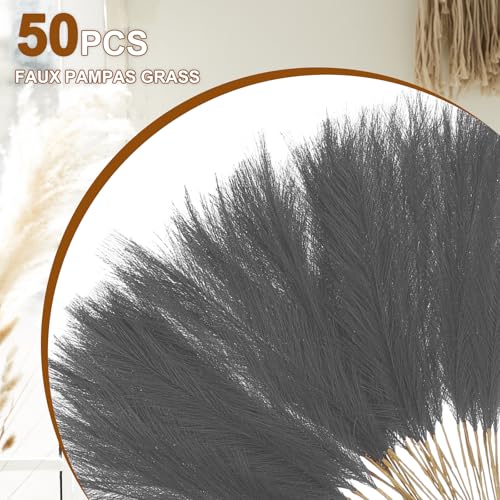 uxcell 50 Pcs Faux Pampas Grass 52cm/20.5" Artificial Fake Dried Pampas Grass Decor with Stem for Floor Vase Filler, Wedding Decoration, Home Decoration, Dark Grey - color: Dark Grey