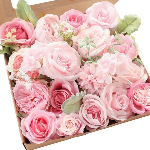 Floroom Blush Artificial Flowers Fake Roses Peonies Dahlia and Greenery Combo Box Set for DIY Pink Wedding Bouquets Bridal Shower Centerpieces Floral Arrangements Party Tables Home Decorations - color: Vintage Rose Blush