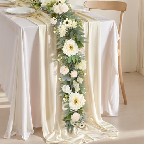 Spring Garland 6FT Hydrangea Flower Garland Faux Greenery Leaf Vine Garlands for Decoration for Spring Indoor Outdoor Garden Farmhouse Porch Wall Wedding Room Home Decor (White) - color: White