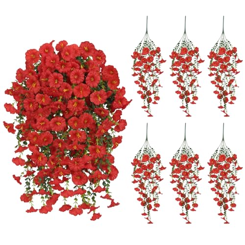 6PCS Artificial Hanging Flowers Fake Plants Outdoor, Silk Morning Glory Faux Flowers,UV Resistant Realistic Hanging Petunias Plants for Home Garden Patio Window Basket Decor (Red) - color: Red