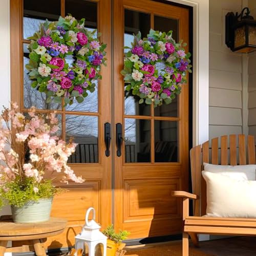 Spring Wreaths for Front Door Outside 24 Inch Spring Door Wreath with Pink Peony,Rose and Blue Hydrangeas, Handmade Silk Summer Wreaths for Front Door Home Wall Window Proch Seasonal Decor - color: Peony