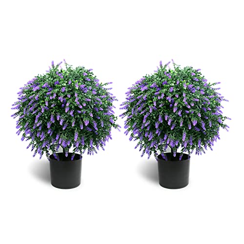 Sunnyglade 21.6” Tall Artificial Lavender Topiary Ball Tree Set of 2 Pack Potted Bushes UV Resistant Potted Plants for Indoor Outdoor Home Garden(Purple) - color: Purple