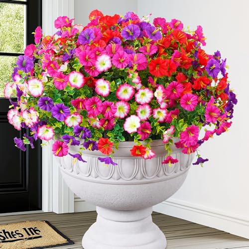 MARTINE MALL 12 Bundles Look Real Artificial Flowers for Outdoors, Realistic Fake Outdoor Flowers, UV Resistant Silk Petunia Flowers for Outside Faux Flowers Plants for Outdoor Porch, Mix Colors - color: Mix Colors (Fuchsia, Purple, Red, Pink), size: 12 B