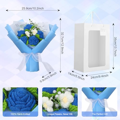 Foyucool Crochet Flowers Bouquet, Handmade Knitted Rose Bouquet with Gift Bag for Home Deocor, Crocheted Finished Flower for Wedding, Mother's Day, Teachers' Day and Valentine's Day, Blue - color: Blue