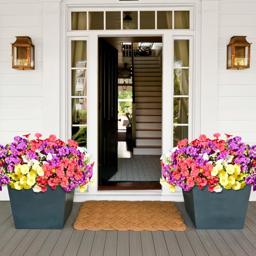 Artificial Flowers for Outdoors, 14 Bundles Fake Outdoor Flowers, UV Resistant Artificial Outdoor Plants & Flowers for Decoration, Colorful Morning Glory for Garden Porch Yard Patio, Mixed Color A - color: Purple, Rose Red, White & Yellow, size: 14 Bundle