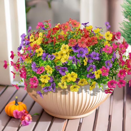 16 Bundles Artificial Flowers Outdoor Spring Summer Decoration Fake Silk Colorful Daisy Eucalyptus Realistic UV Outside Faux Plants for Garden Porch Window Box Home Decor(Red Yellow Pink Purple) - color: Mixed Color(red Yellow Pink Purple)