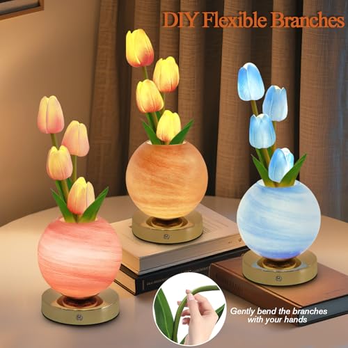 Tulip Table Lamp, Rechargeable Cordless Touch Dimming Artificial Tulip Flower Desk Lamp, LED Flower Bedside Night Light Romantic Gifts for Girl Women Mom (Orange) - color: Orange