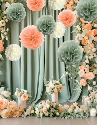 10-Pack Peach Champagne Sage Green Cream Party Decorations Hanging Tissue Paper Flowers Pom Poms Backdrop for Blush Wedding Bridal Shower Birthday