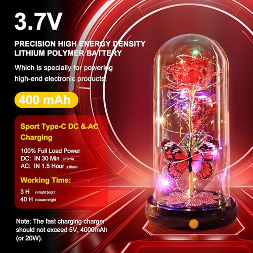 Mothers Day Rose Gifts for Mom Birthday Gift, Rechargeable Galaxy Glass Rose in Glass Dome Eternal Crystal Flower Butterfly Gift Mother's Day Flowers Gifts for Women Mom Wife Grandma Daughter Red - color: USB-E Red