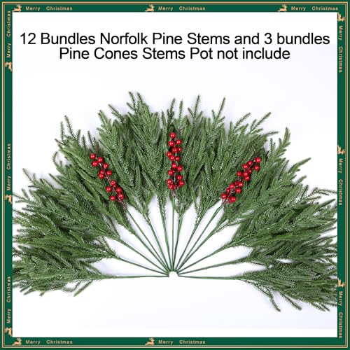 florisso Artificial Faux Christmas Norfolk Pine Stems Branches for Vases,12 Bundles Fake Evergreen Real Touch Greenery Stem with 3 PCS Red Berry Branches for Xmas Holiday Winter Table Indoor Decor - color: Red Berries