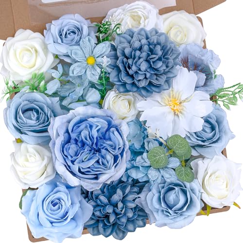 Light Blue Flowers Artificial Roses Combo Set Fake Blue Silk Flowers Faux Peony Flowers Mix Hydrangea Dahlia with Stems for Wedding Bouquets Baby Bridal Shower Party Floral Arrangements Decor - color: Blue, size: The Modern Classic