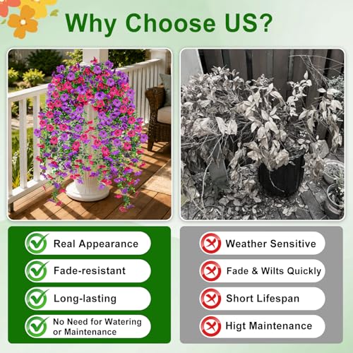 Artificial Hanging Flowers for Outdoors Decorations 2 Pack, Fake Hanging Flowers, UV Resistant Artificial Hanging Plants outdoors for Home Porch Patio Balcony Baskets Yard(Purple & Rose Red) - color: Purple Rose Red