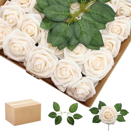 200PCS Champagne Realistic Roses - Artificial Latex Foam Flowers with Bendable Stems & 100PCS Leaves for Wedding, Home and Party DIY Decor - color: Champagne, size: 200