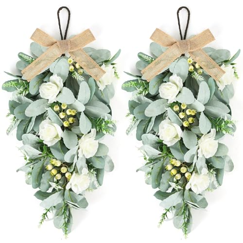 2 Pcs 24" Artificial White Rose Teardrop Wreaths Swag Spring Summer Flower Berries Swags Wreath White Floral Hanging Wreaths for Kitchen Cabinet Doors Window Wall Wedding Party Home Decor - color: Lamb Leaf Swags