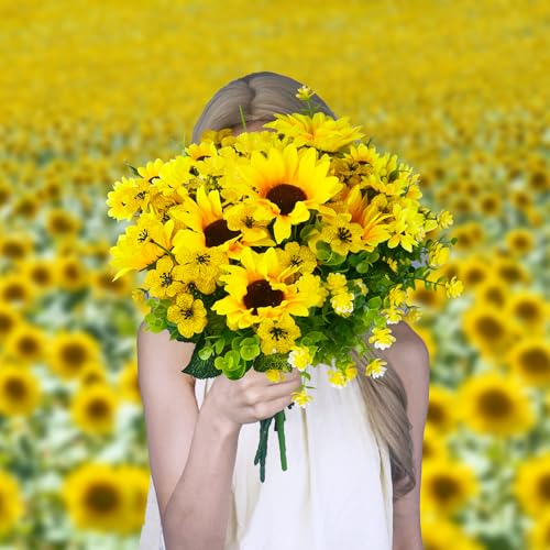 Lifelike Artificial Sunflower Bouquets, 15” Tall Silk Fake Sunflowers for Wedding Centerpieces, Home Decor, DIY Garden Craft Arrangements (2 Pack)
