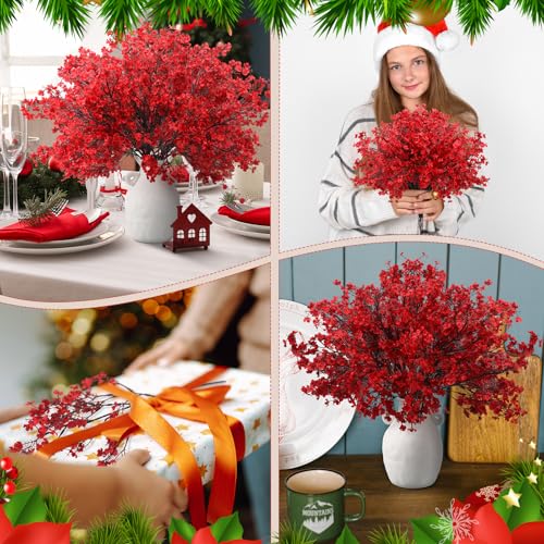 Lyrow 24 Pcs Red Babys Breath Artificial Flowers Decoration Fake Picks Stems Floral Arrangement Bushes Bulk for Home Indoor Table Decor(Red)