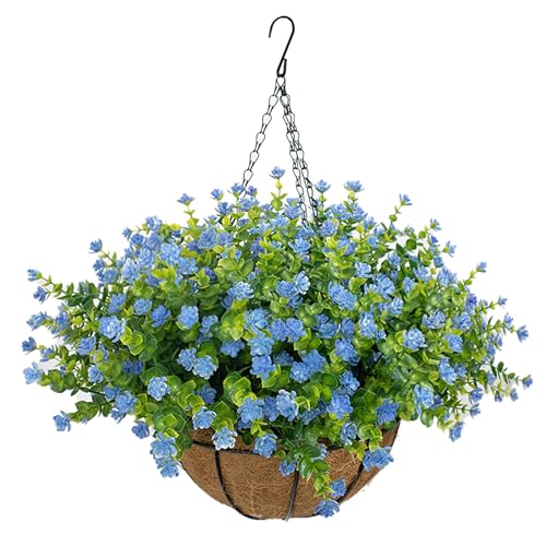 NETAP Artificial Hanging Flowers Basket for Outdoor, 16 Fake Flowers Look Real UV Resistant, Faux Hanging Plants for Porch, Balcony, Patio, Garden, Spring Summer Decor,Blue - color: Blue