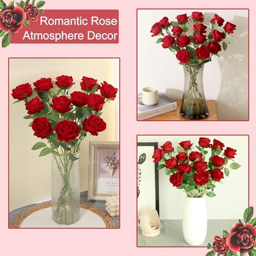 12Pcs Red Roses Artificial Flowers Fake Roses Faux Velvet Silk Flower for Home Wedding Decoration (Pearl Rose, Red) - color: Pearl Roses - Red 12p