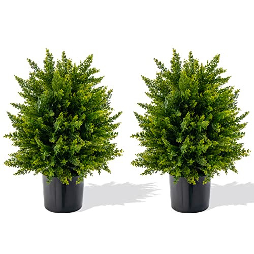 Goplus 21.5” Artificial Cedar Topiary Ball Tree, Set of 2 Faux Potted Plants Artificial Shrubs Bushes with Cement Pot, Fake Evergreen Artificial Topiary for Indoor Outdoor Home Front Porch Decor - color: Cedar Tree