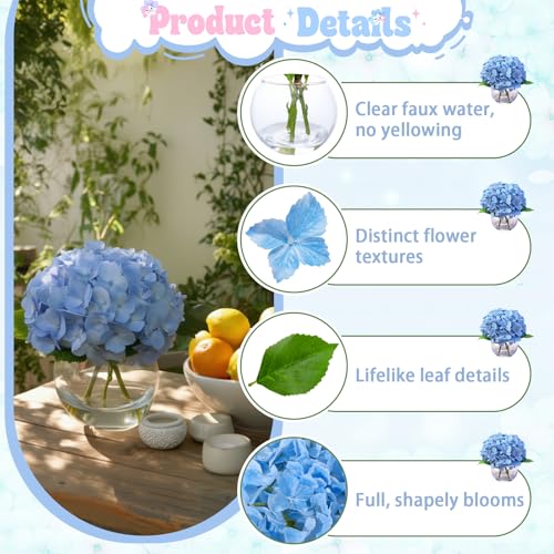 Blue Artificial Hydrangea Flowers in Glass Vase with Faux Water, 3 Stems Lifelike Fake Floral Arrangement, UV-Resistant Odorless Centerpieces for Dining Table Home Office Decor (7.9") - color: Blue