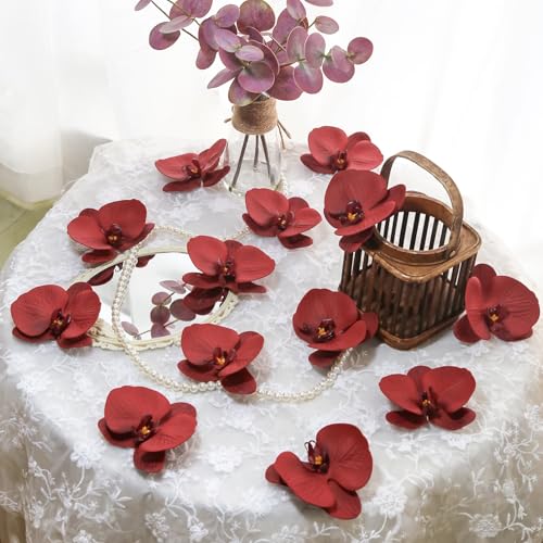 20pcs Real Touch Orchids Artificial Flower Heads, 4.3" Large Red Fake Orchids Latex Phalaenopsis Flower Heads for Wedding Cake, DIY Crafts, Hair Accessories & Home Decorations(Red) - color: Red