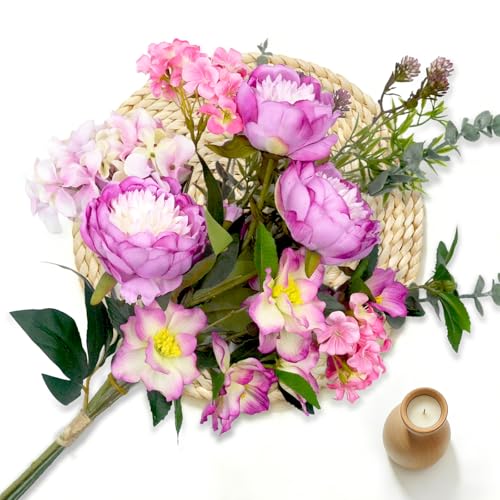 Artificial Flowers Bouquet – Fake Silk Hydrangea Peony and Eucalyptus Mix, Faux Flower Arrangements for Home, Office Decor and Dining Table Centerpieces (Pink &Magenta) - color: Pink &Magenta