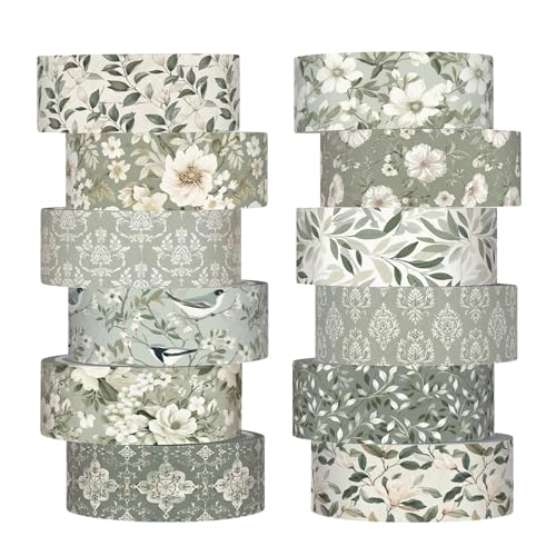 12 Rolls Watercolor Floral Washi Tape Set 15 mm Vintage Flower Decorative Masking Tape for Summer School Arts DIY Craft Scrapbook Journal Supplies Gifts(Sage Green,Greenery) - color: Sage Green, style: Greenery