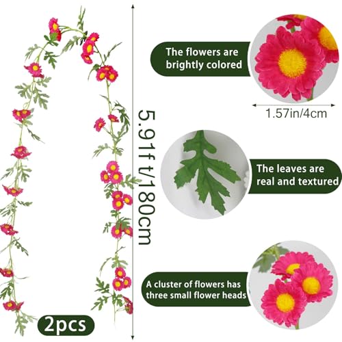 2 Pcs Silk Wildflower Garland Spring Daisies Flowers Garland Outdoor Rose Red Artificial Daisy Flowers and Leaves Faux Floral Vine for Mantle Baby Shower Wedding Arch Front Porch Staircase Decor - color: Rose Red