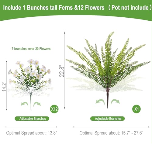 Hrobek Artificial Flowers for Outdoors Faux Plants Outside Indoor,UV Resistant Silk Fake Morning Glory Tall Ferns for Home Patio Garden Back Yard Front Porch Decor Spring Summer(13 Bunches,White) - color: 2 Color Mixed (12 White,1 Tall Fern)