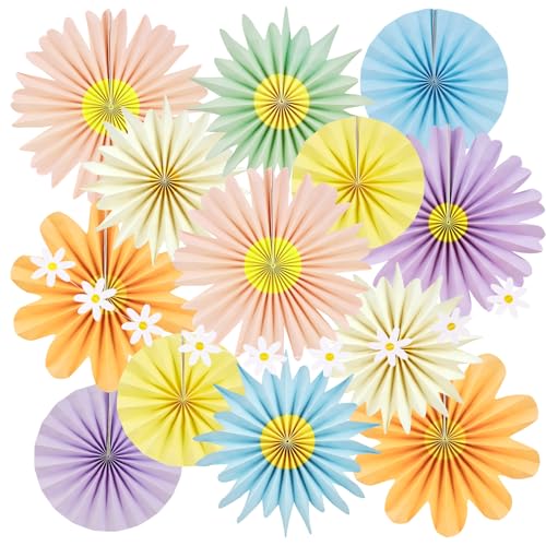 Paper Jazz 12pcs Pastel Paper Flower Decorations - Daisy Paper Fan Backdrop for Birthday Party, Baby Shower, Wedding, Spring & Summer Events,Spring Hanging Flower for Classroom Garden - color: pastel