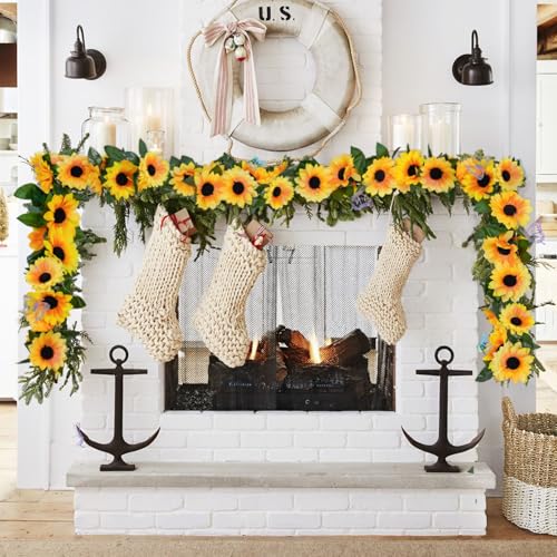 2 Pack Artificial Sunflower Garland with Lights Decor,Fake Hanging Sunflower Vines with Green Leaves,Silk Girasoles Flower Garlands for Birthday Wedding Tables Centerpieces Party Garden Decor - color: Yellow With Lights 2, size: 2 Pack with light