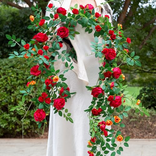 2 PCS 12FT Bendable Flower Garland, Artificial Rose Vine Hanging Floral Garland Decoration for Weding Home Room Wall Decor (Red) - color: Red, size: 2pcs