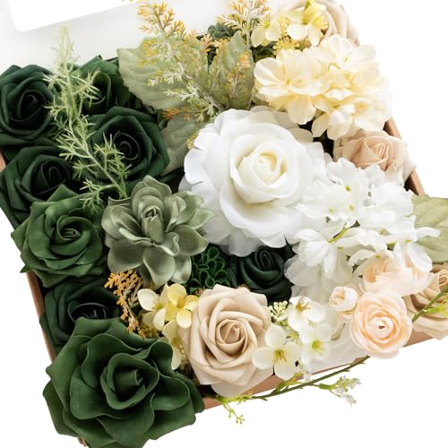 Ling's moment Fake Flowers Box, Faux Artificial Greenery Stems Foam Roses Dahlia Silk Ranunculus Fabic Flower for Centerpieces Bouquet Wedding Vase Decorations, Emerald & Tawny Beige, Grand Combo - color: Grn-emerald & Tawny Beige, size: Grand