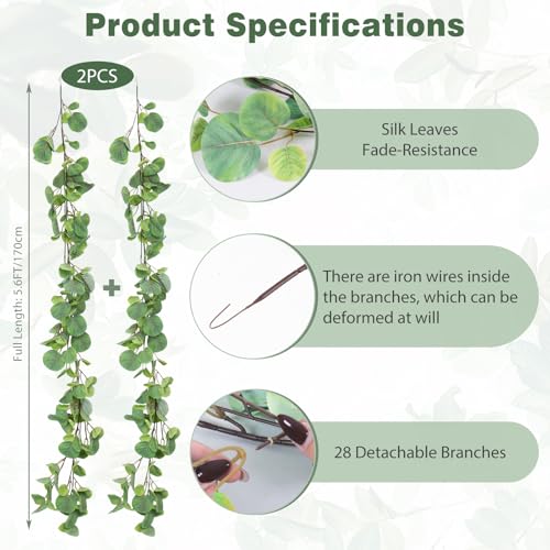 RECUTMS 2Pack Fake Big Eucalyptus Garland 5.6FT Artificial Apple Leaves Ivy Vine Greenery Faux Hanging Wreath Rattan for Home Office Wedding Garden Farmhouse Balcony Wall Window Outdoor Indoor Decor - color: Big Eucalyptus Garland 2pcs