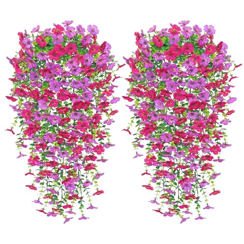 Betylifoy 4PCS Artificial Hanging Flowers Fake Hanging Plants for Outdoors UV Resistant Faux Silk Orchid Flowers Greenery Long Trailing Vines for Indoor Outside Garden Porch Decor (Purple&Rose Red) - color: Purple&rose Red