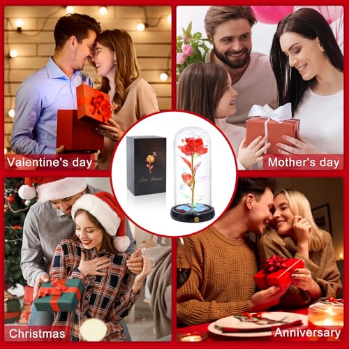 Mothers Day Flowers Gifts for Mom Women Birthday Gift, Rechargeable Galaxy Glass Rose in Glass Dome Forever Crystal Rose Flowers Mother's Day Roses Gifts for Mom Daughter Wife Women Grandma Sister Red - color: Usb-e Red