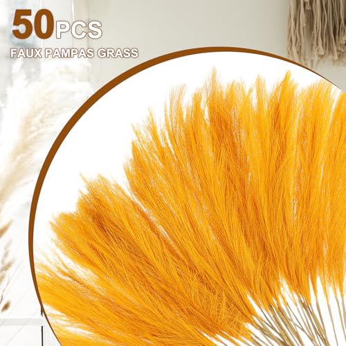 uxcell 50 Pcs Faux Pampas Grass 52cm/20.5" Artificial Fake Dried Pampas Grass Decor with Stem for Floor Vase Filler, Wedding Decoration, Home Decoration, Gold Yellow - color: Gold Yellow