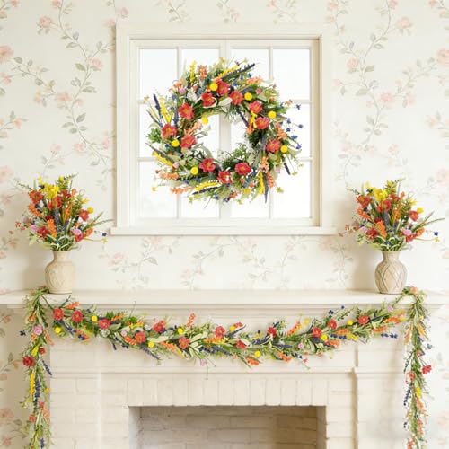 TEMPUS 6Ft Spring/Summer Garland with Flowers, Colorful Artificial Fake Flower Greenery Garland with Daisies, Lavender for Wedding Mantle Party Table Centerpiece All Season Decor