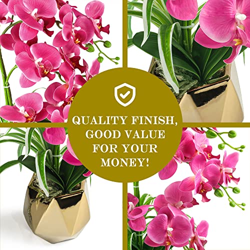 Orchids Artificial Flowers, Fuchsia with Gold Vase | Fake Orchid Plants, In Pot, For Home Decor Indoor - color: Fuchsia-gold