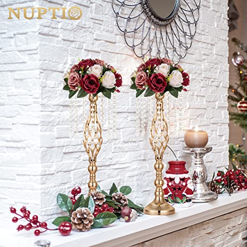 Nuptio Artificial Flower Centrepieces for Tables - 6 Pcs Burgundy & Dusty Rose & Creamy White Fake Flowers Roses Balls 9.5in Diam - Silk Faux Rose Arrangement for Wedding Party Centerpiece Table Decor - color: Burgundy & Dusty Rose & Creamy White, size: 6