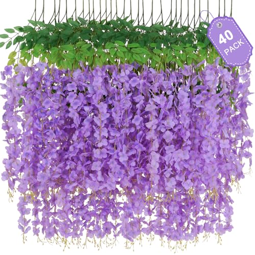 Waipfaru 40 Pack Purple Wisteria Hanging Flowers, Fake Hanging Flowers for Decoration, Artificial Flowers,Vines for Bedroom,Flower Garland for Home,Party,Garden, Wall,Wedding Decoration(3.6 Ft/Pcs) - color: Purple, size: 40 Pcs