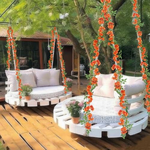 2 Pcs Artificial Flowers Garland for Outdoors Orange Faux Gardenia Garland 12Ft Silk Rose Hanging Vines Floral for Wedding Arch Party Wall Garden Ceremony Backdrop Fence Spring Decor - color: Orange