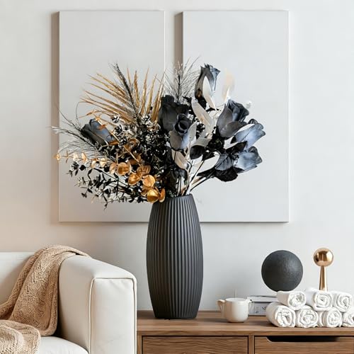 Luxurious Black and Gold Artificial Rose Bouquet, 17-Inch Metallic Eucalyptus Leaves and Faux Silk Flowers, Suitable for DIY Home Decoration, Modern Gothic Dining Table Centerpiece(Vase Not Included) - color: Gothic Black Gold - 2