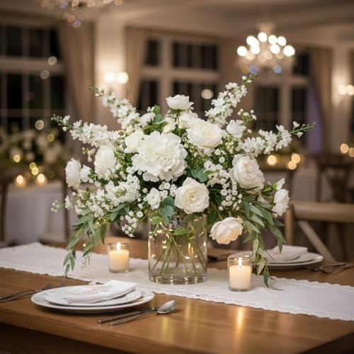 Suncalla 36 Pcs White Artificial Flowers Bouquet Set 8 Kind Faux Delphinium Rose Peony Chrysanthemum Hydrangea Baby's Breath Florals with Greenery Long Stem for Wedding Table Vase Decor - color: White