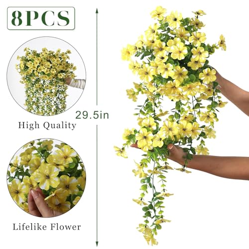 GLIDLION 8 PCS Artificial Morning Glory & Eucalyptus for Outside, Realistic Sun Resistant Fake Silk Hang Flower Faux Eucalyptus Leave for Patio Farmhouse Garden Porches Balcony Decor (Yellow) - color: Yellow