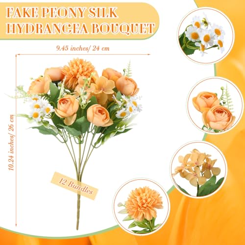 Tigeen Peonies Artificial Flowers Faux Roses Silk Flowers Hydrangea Artificial Bouquet for Wedding Table Centerpiece Floral Vase Home Office Bridal Decor(Yellow,12 Bundles) - color: Yellow