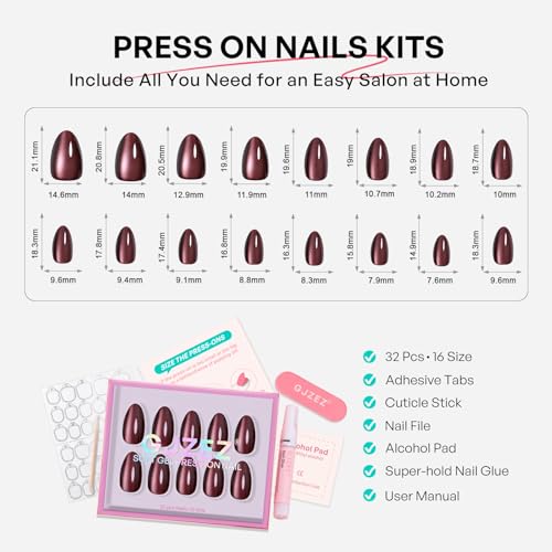 32Pcs Soft Gel Press on Nails for Women, Brown Cateye, Short Almond | Magnetic Glass Cat Eye False Fake Nails Press Ons for Office Daily Wear, Salon Quality Reusable Glue & Stick on Nail Gift Kit - color: 1A-Brown Cateye