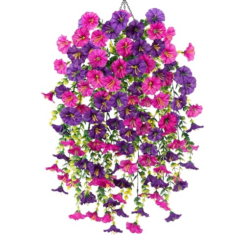 4 Pcs Fake Hanging Plants Artificial Flowers for Outdoors, Silk Petunia Faux Flowers Look Real Trailing Vines UV Resistant Faux Plants for Home Planter Porch Patio (2 Rose Red+2 Purple)